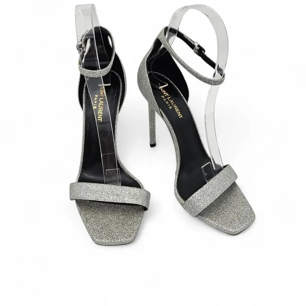 Saint Laurent Amber Stiletto Heel Sandal Silver Glitter Sparkle Size 38.5 US 8.5